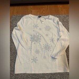 Talbots NWT  Medium Petite White Long Sleeve Embroidered Beaded Snowflake Top
